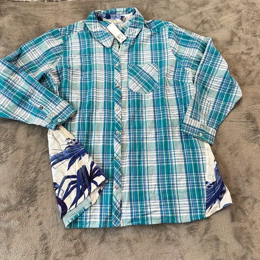 NWT Soft Surroundings Aramie Aqua Plaid Button Down Tunic Shirt Women's 3X